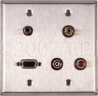 Wall Plate, 2 Gang with with (3) PF-PFCM RCA Feed-Thru Connectors, (1) HD15 Feed-Thru Connector & (1) 3.5 Mini Feed Thru Connector