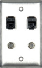1G Stainless Steel Wall Plate With 2- RJ45 Barrels & 2- F Coax Barrels