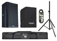 QSC K8.2-SINGLE-K Powered Speaker Bundle with Cover, Stand, Stand Bag, XLR cable, Plug Strip and Extension Cord