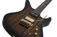 Schecter Synyster Gates Custom-S Black and Gold Mahogany Flat Top Electric Guitar, Gloss Black with Gold Stripes