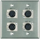 Plateworks Dual-Gang Stainless Steel Engraved Wall Plate with 4x Latching XLR-Fs: "Mic 1", " Mic 2", "Mic 3", "Mic 4"