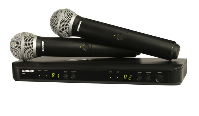 Shure BLX288/PG58-J10 BLX Series Dual-Channel Wireless Mic System With 2 PG58 Handhelds, J10 Band (584-608 MHz)