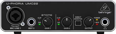 Behringer U-PHORIA UMC22 2x2 USB Audio Interface with MIDAS Microphone Preamplifier UMC22