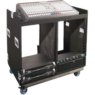 Grundorf Corp COMBO-D16CB Mixer/Rack Combo Case with Dual 16RU Racks and 4" Casters in Black Carpet Finish COMBO-D16CB