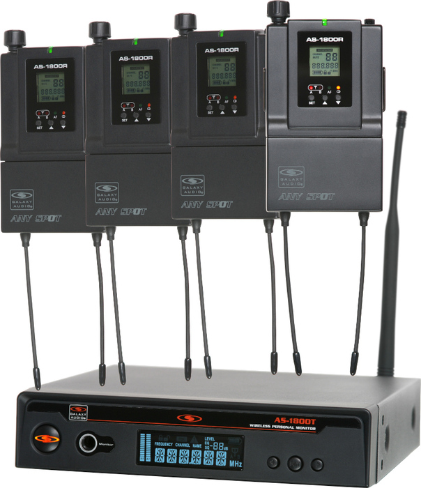 Galaxy Audio AS-1800-4 Band Pack In-Ear Monitor System with (4) Receivers, (4) Sets of Earbuds and (1) Transmitter AS-1800-4