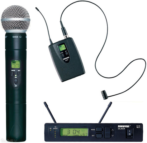 Shure ULXS124/85-J1 ULX-S Series Combo Wireless System with ULX1 Bodypack Transmitter, WL185 Lavalier Microphone, and ULX2/58 Cardioid Handheld Transmitter, 554-590 MHz ULXS124/85-J1