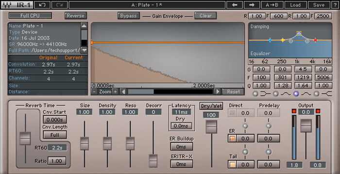 Waves IR1 Convolution Reverb Impulse Response, Convolution Reverb Plug-in (Download)