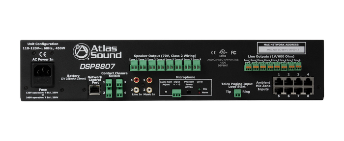 Atlas IED DSP8807 Self Contained, Multi-Zone Digital Controlled Networkable Sound Masking Processor And 8-Channel Amplifier