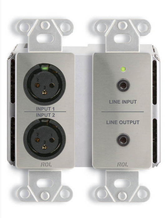 RDL DDS-BN31 Wall-Mounted Mic/Line Dante Interface 4x4 , 2 XLR In, 1/8" In, 1/8" Out, 2 Out, Stainless Steel