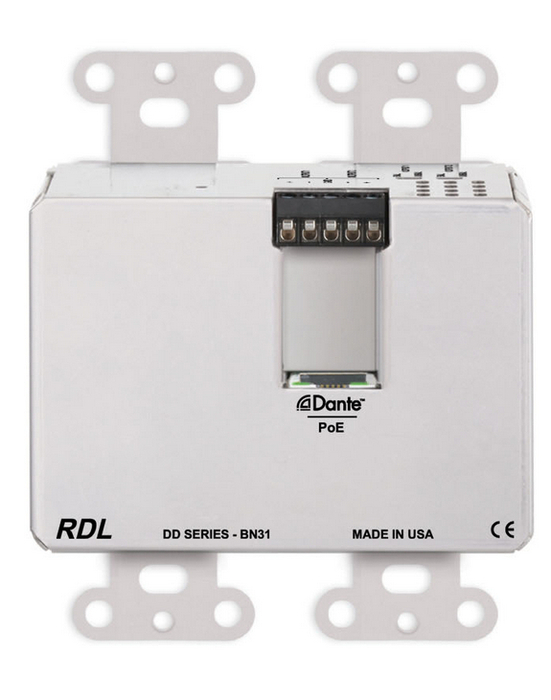 RDL DDS-BN31 Wall-Mounted Mic/Line Dante Interface 4x4 , 2 XLR In, 1/8" In, 1/8" Out, 2 Out, Stainless Steel