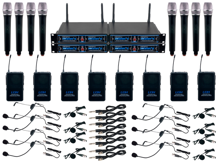 VocoPro UDH-8-ULTRA Eight Channel UHF/DSP Hybrid System With Handheld Microphones, Bodypacks, And Instrument Cables