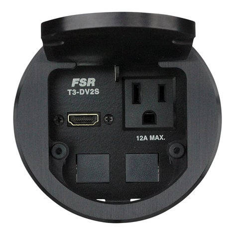 FSR, Inc T3-DV2S-BLK 3.5" Table Box with (1) HDMI, (2) Keystone Connectors, and (1) AC Outlet FSRT3DV2SBLK