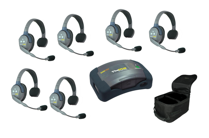 Eartec Co HUB6S HUB/UltraLITE Full Duplex Intercom System with 6 Single Headsets, Batteries & Case HUB6S