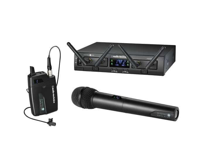 Audio-Technica ATW-1312/L System 10 PRO Rackmount Dual-Channel Digital Wireless System with (1) ATW-T1001 Bodypack Transmitter, (1) MT830cW Lavalier Mic and (1) ATW-T1002 Handheld Mic/Transmitter ATW-1312/L