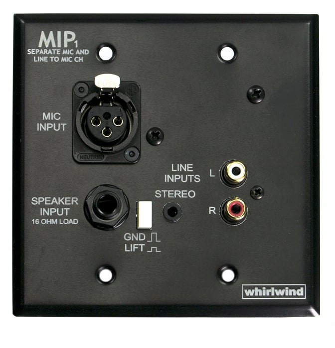 Whirlwind MIP1 2-Gang Black Wallplate With XLR, 1/4" , RCA, And 1/8" Inputs And Ground Lift