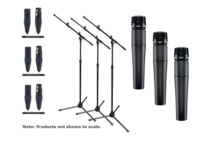 Shure SM57LC-TRIO-K TRIO Bundle With Three SM57 Cardioid Dynamic Mics, Boom Stands, And 25' XLR Cables