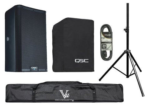 QSC Powered Speaker Bundle with Cover, Stand, Stand Bag, XLR cable, Plug Strip and Extension Cord K10.2-SINGLE-K