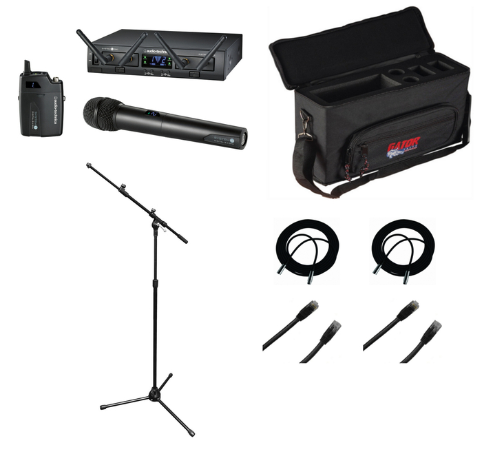 Audio-Technica Wireless Combo System Bundle With Case, Mic Stand, XLR Cables And CAT6 Cables