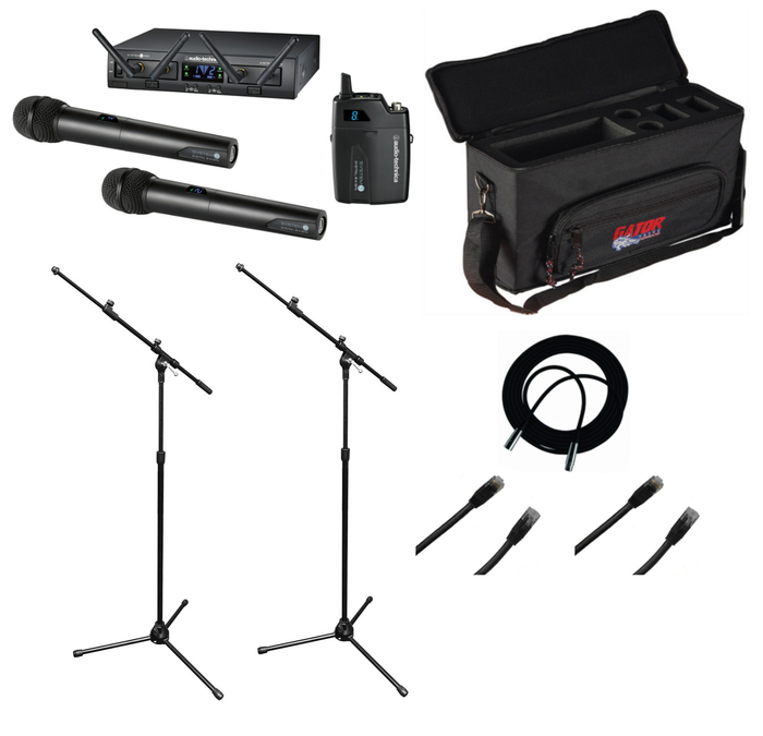 Audio-Technica Wireless Dual Handheld System Bundle With Case, Mic Stand, XLR Cables And CAT6 Cables