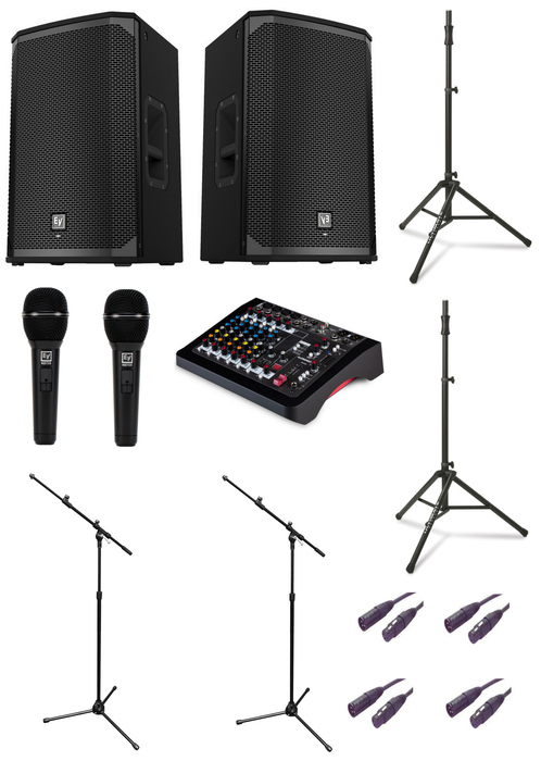 Electro-Voice Dual EKX-12P Bundle 4 Kit With 2 EKX-12P 12" Speakers, 1 ZEDi-10 Mixer, 2 ND765 Microphone, 2 Mic Stands, 2 Speaker Stands And 4 Cables