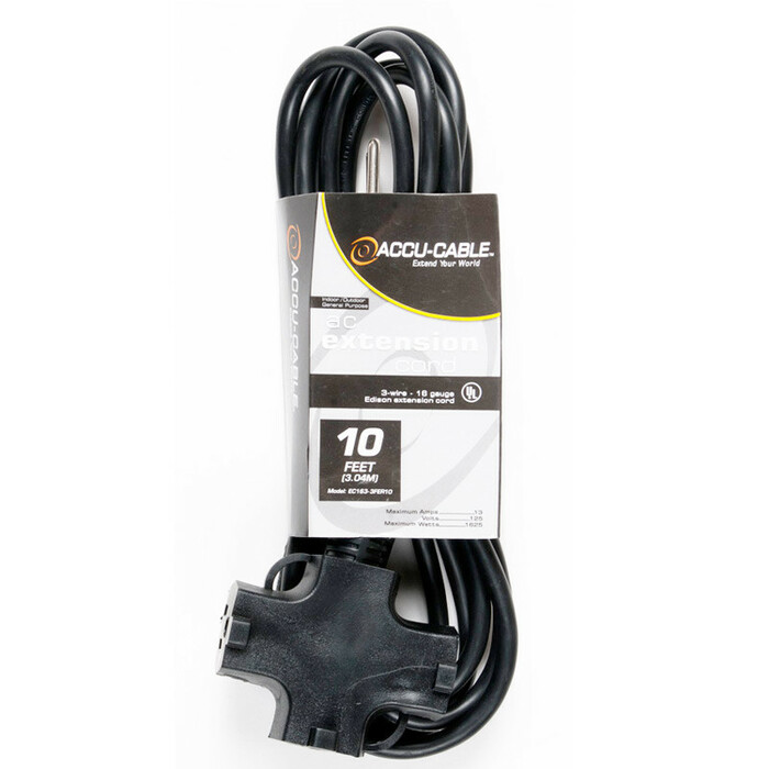 Accu-Cable EC-163-3FER10 10' 16AWG Power Extension Cord With Triple Tap Outlet