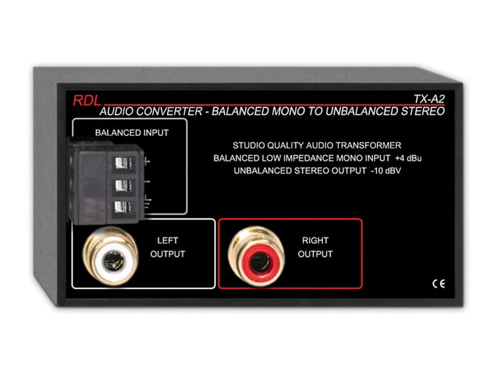 RDL TX-A2 Audio Converter, Balanced To Unbalanced, Terminals, Dual-RCA