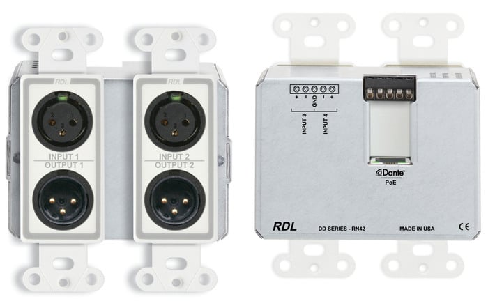 RDL DD-RN42C Wall-Mounted Dante Interface, 2 XLR In, 2 XLR Out, 2 In, Custom Label