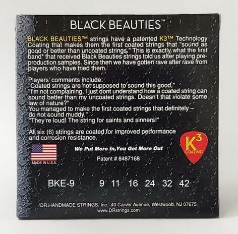 DR Strings BKE-9 Light Extra-Life Black Beauties K3 Coated Electric Guitar Strings