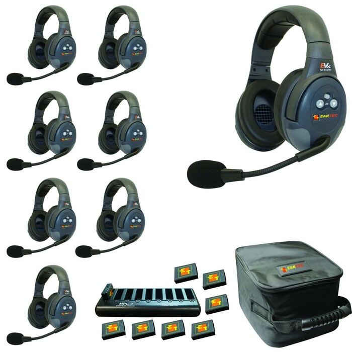 Eartec Co EVX8D Full Duplex Wireless Intercom System W/ 8  Headsets