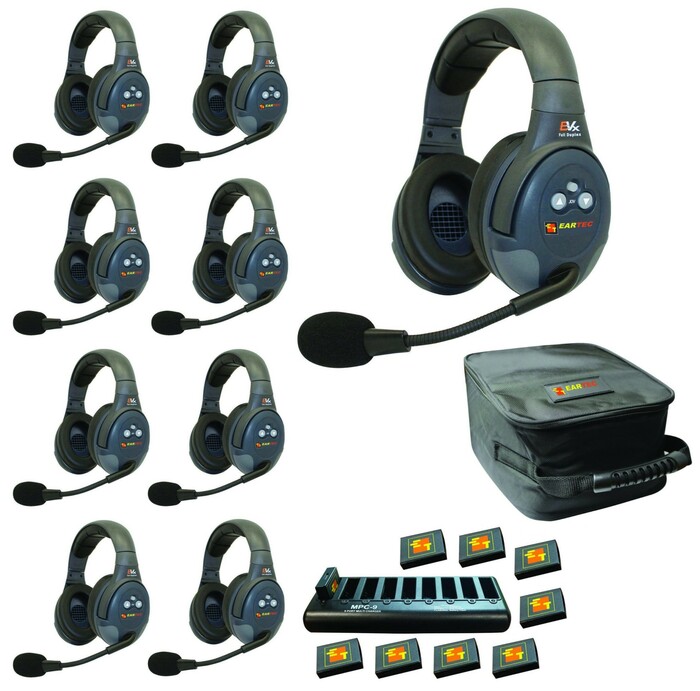 Eartec Co EVX9D Full Duplex Wireless Intercom System W/ 9  Headsets
