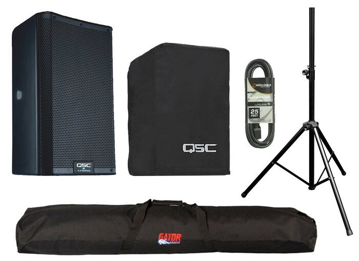 QSC K12.2-SINGLE-K Powered Speaker Bundle With Cover, Stand, Stand Bag, XLR Cable, Plug Strip And Extension Cord