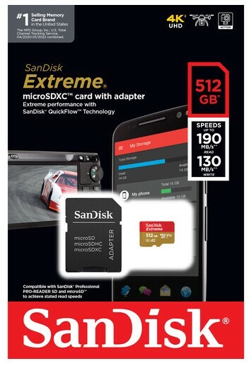 SanDisk SDSQXAV-512G-AN6MA 512GB Extreme UHS-I MicroSDXC Memory Card With SD Adapter