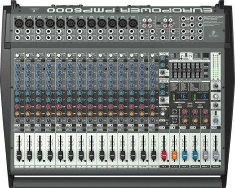 Behringer PMP6000 Power Mixer, 20 Channel (12 Mono + 4 Stereo), 2 x 800W Stereo or Dual Mono, 1600W Bridged Mono PMP6000