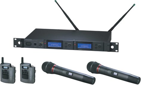 Audio-Technica AEW-5414AC Wireless Microphone System with 2 x Bodypack Transmitters & 2 x AEW-T4100a Cardioid Dynamic Mic/Transmitter, UHF Band C: 541.500 MHz to 566.375 MHz AEW-5414AC