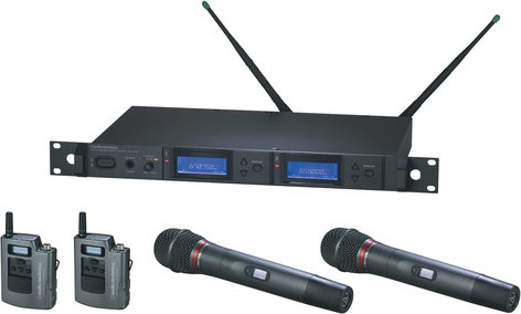 Audio-Technica AEW-5416AC Wireless Mic Microphone System with 2 x Bodypack Transmitters & 2 x AEW-T6100a Hypercardioid Dynamic Mic/Transmitter, UHF Band C: 541.500 MHz to 566.375 MHz AEW-5416AC