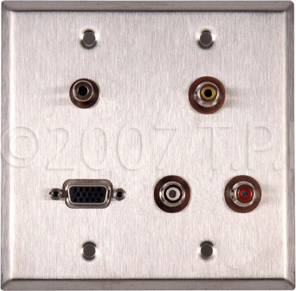 Wall Plate, 2 Gang with with (3) PF-PFCM RCA Feed-Thru Connectors, (1) HD15 Feed-Thru Connector & (1) 3.5 Mini Feed Thru Connector