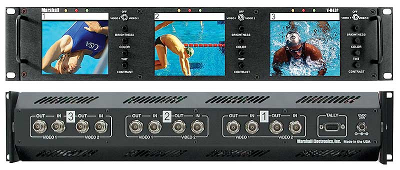 Triple 4" Rack Mounted LCD Panel with 2 Composite Video inputs per Screen, Tally, Loop through and Auto NTSC/PAL Detection