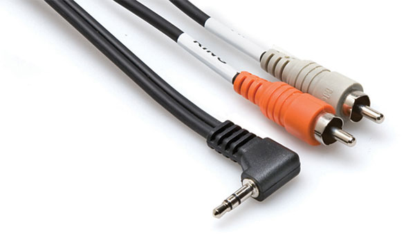 Stereo Breakout, Right-angle 3.5mm TRS to Dual RCA, 3ft cable
