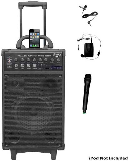 800W Dual Channel Wireless Rechargeable Portable PA System with iPod/iPhone Dock, FM Radio, USB & SD Card Slots, Handheld and Lavalier Mics