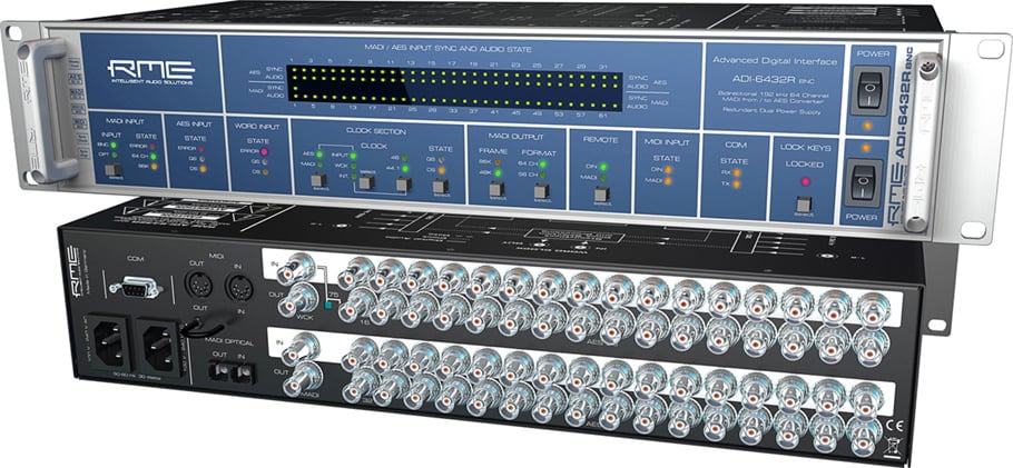 24-Bit/192 kHz, 2x 64-channel MADI <> AES-3id Format Converter, BNC 75 Ohm, with Redundant PSU, 19" W, 2 RU