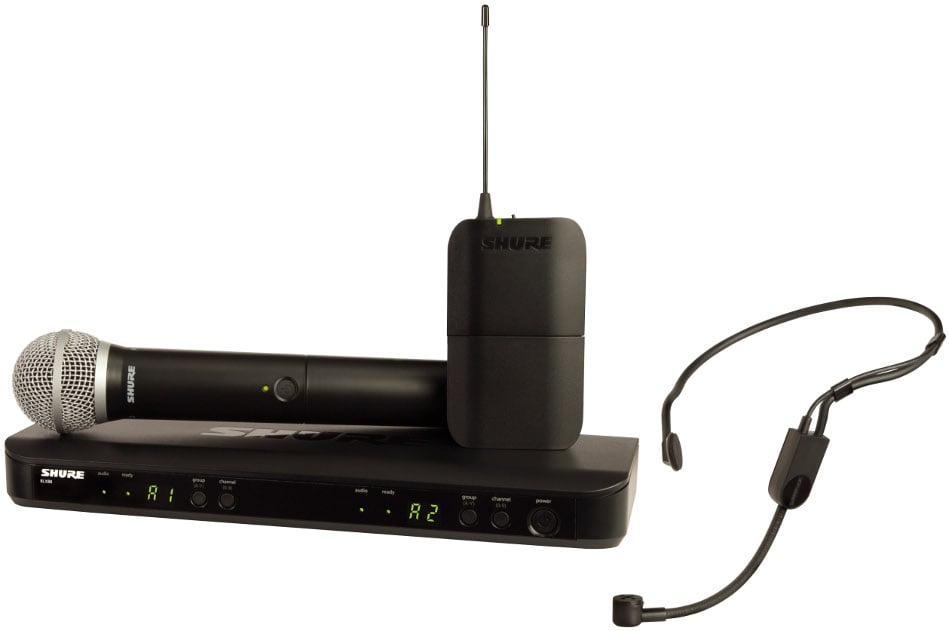 BLX Series Dual Channel Combo Wireless System with PG58 Handheld and PGA31 Headset Microphones, 602-620 MHz