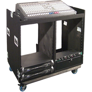 Mixer/Rack Combo Case with Dual 16RU Racks and 4" Casters in Black Carpet Finish