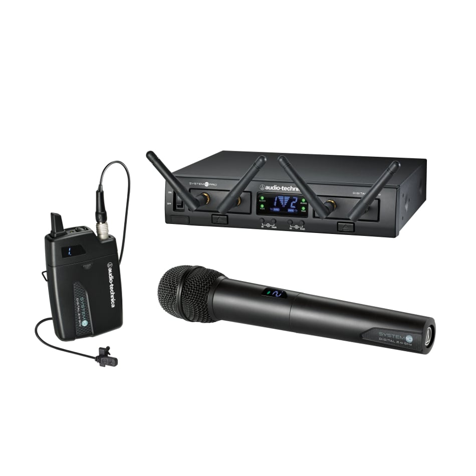 System 10 PRO Rackmount Dual-Channel Digital Wireless System with (1) ATW-T1001 Bodypack Transmitter, (1) MT830cW Lavalier Microphone and (1) ATW-T1002 Handheld Transmitter