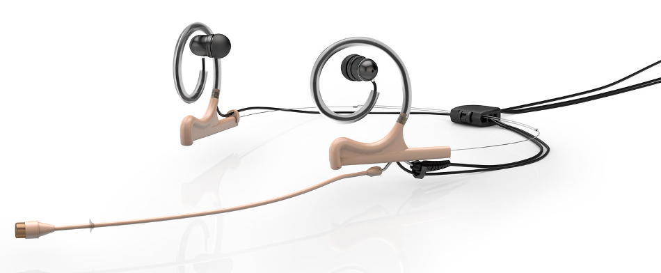 d:fine™ 66 In-Ear Broadcast Omnidirectional Headset Microphone in Beige with Dual-Ear Mounts, Dual In-Ear Monitors, and 110mm Boom