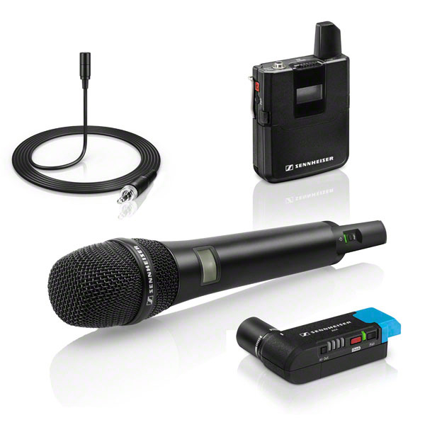 Wireless Combo Microphone System for Filmmaking with Handheld and Bodypack Transmitters and Lavalier Microphone
