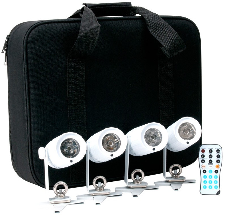 Kit with 4 PinPoint GO Battery-Powered LED Pinspots with Remote and Case