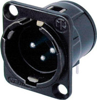 3-pin Male XLR Square Panel Receptacle, Horizontal PCB Mount, Black, Silver Contacts