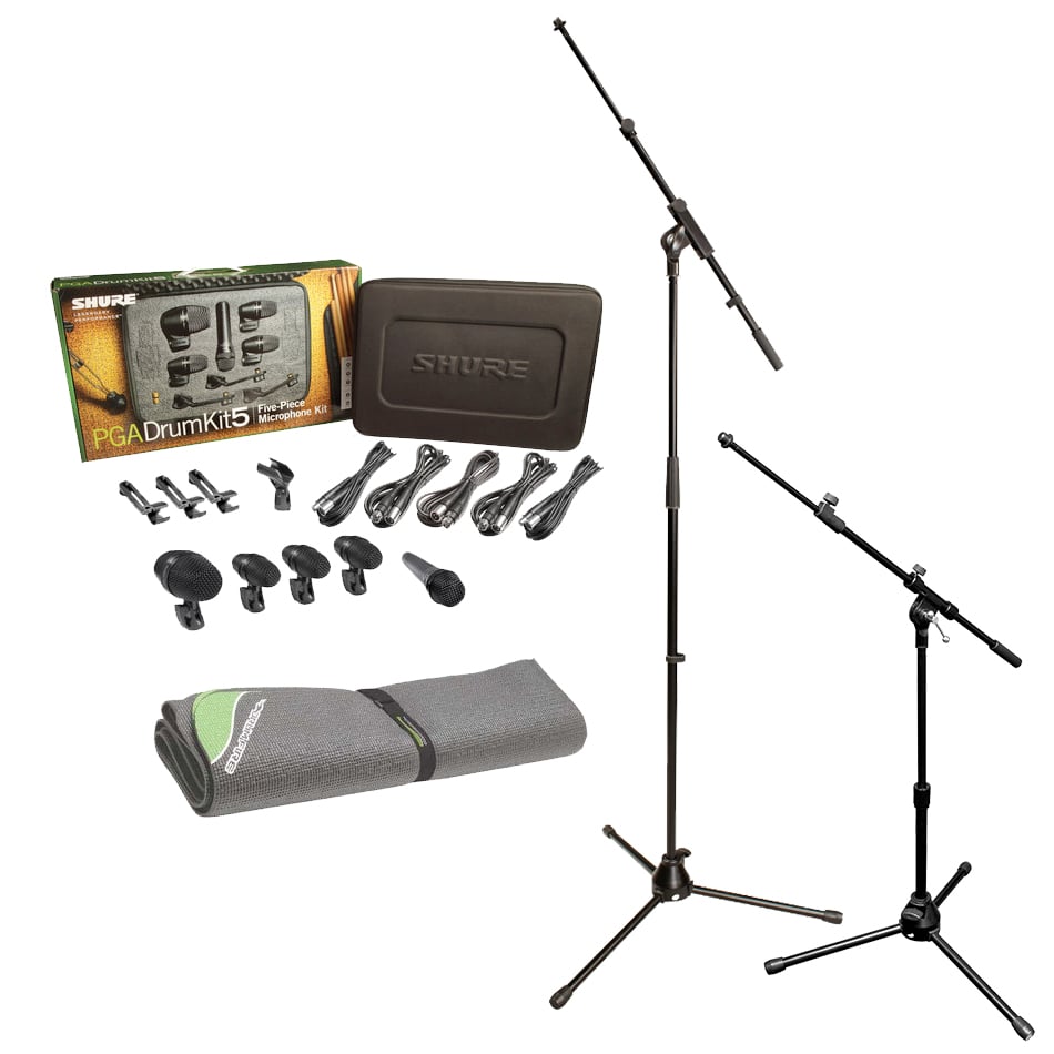 Drum Microphone Bundle with Shure PGADRUMKIT5 Microphone KIt and Accessories