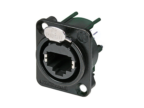 Vertical PCB Panel Mount etherCON D-Series RJ45 Receptacle, Black