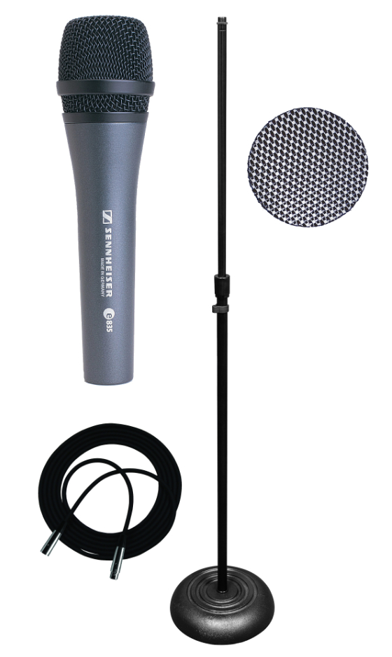 with e 835 Microphone, Stand, Popper Blocker, and Cable